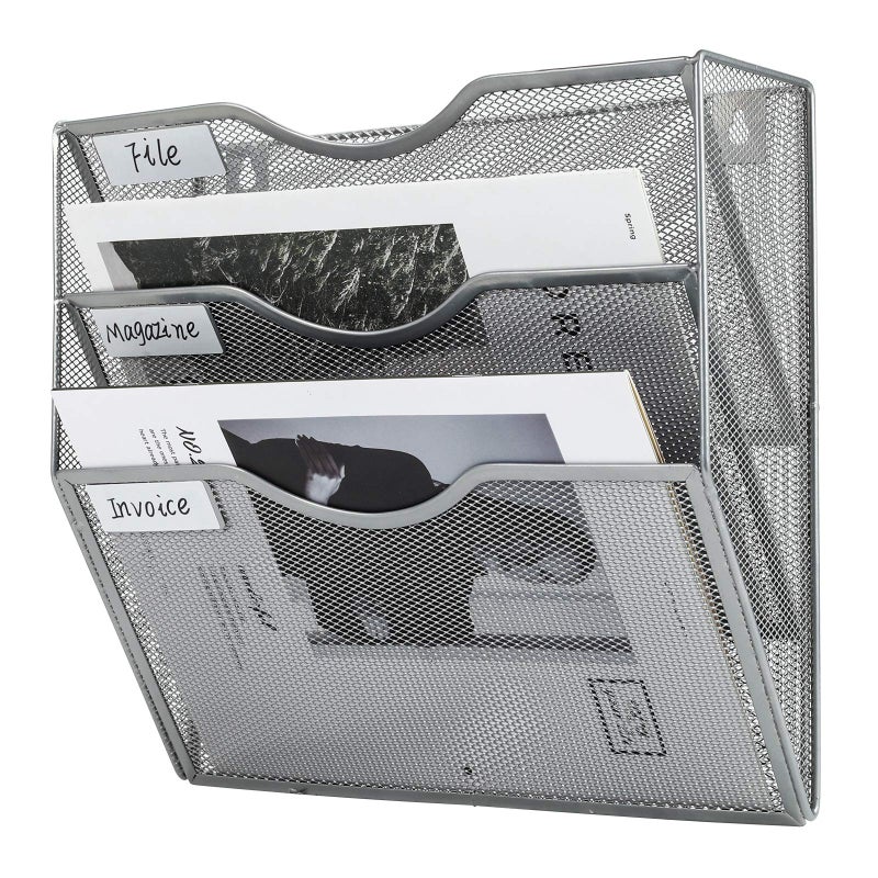 PAG Hanging Wall File Holder Mail Organizer Wall Mount Document Letter Rack, 3-Tier, Silver - Image 2